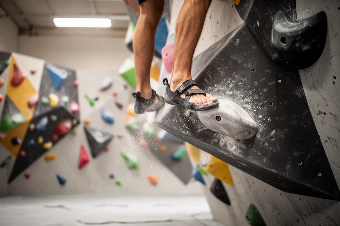 Die Füße eines Kletterers schmieren über ein großes Volumen an einer Indoor-Boulderwand
