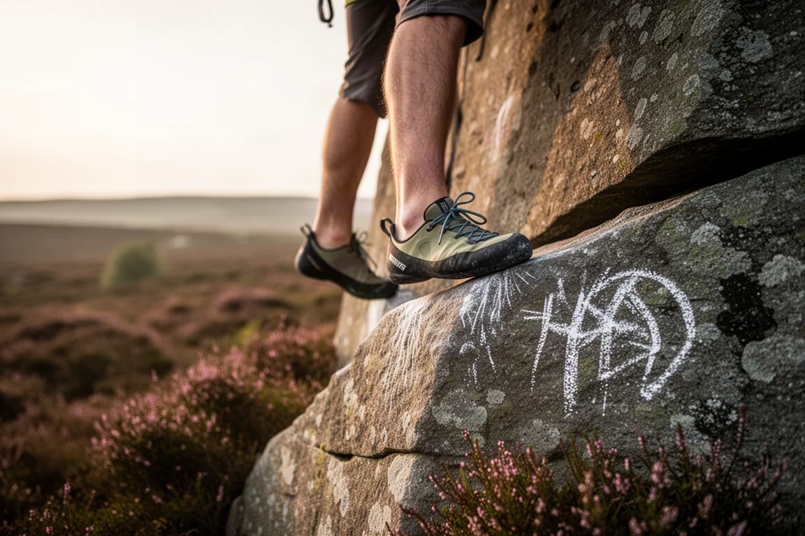 Die Füße eines Kletterers haften an einer rauen Gritstone-Felskante zur goldenen Stunde