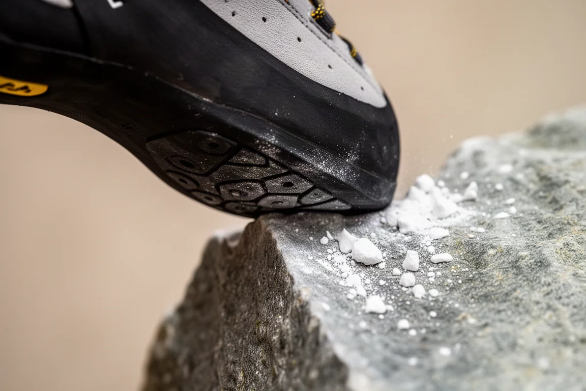 Klebrige Gummisohle auf eine kleine Felsspitze gedrückt, daneben Kreide