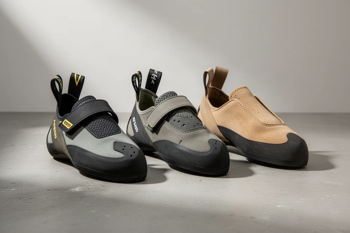 Three Evolv climbing shoes arranged in a row on a matte concrete surface