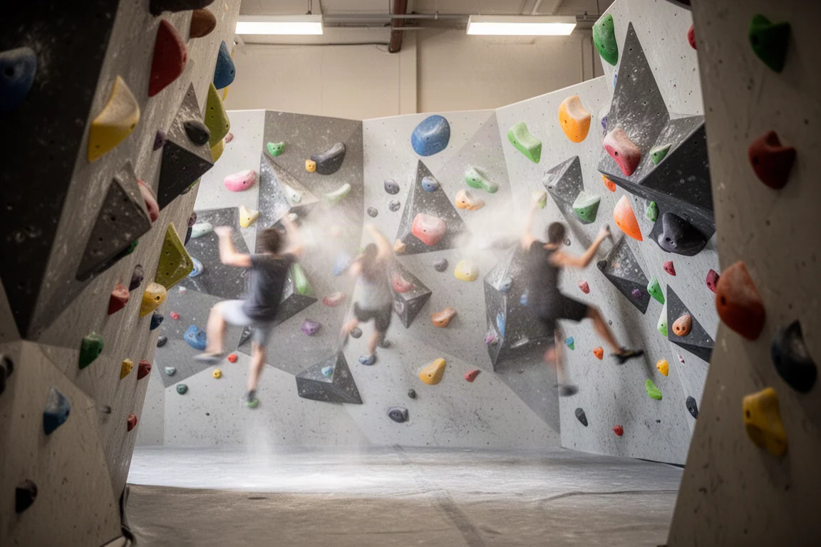 Indoor boulderwand met kleurrijke grepen en klimmers in beweging, geen gezichten zichtbaar