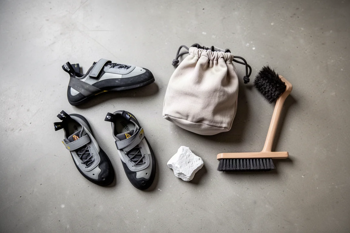 Bovenaanzicht van klimschoenen, krijtbuidel en borstel op een betonnen vloer