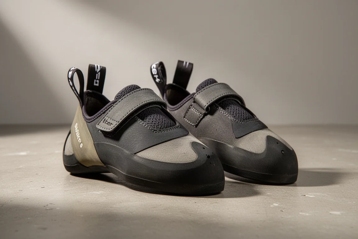 Pair of low-profile climbing shoes with rubber toe patches and hook-and-loop straps on concrete