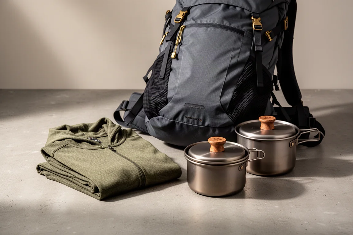 Merino hoodie, hiking backpack, and metal cook pot arranged on a concrete surface