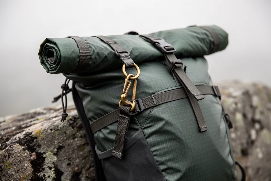 Bovenaanzicht flat-lay van modulaire backpackinguitrusting op een betonnen oppervlak