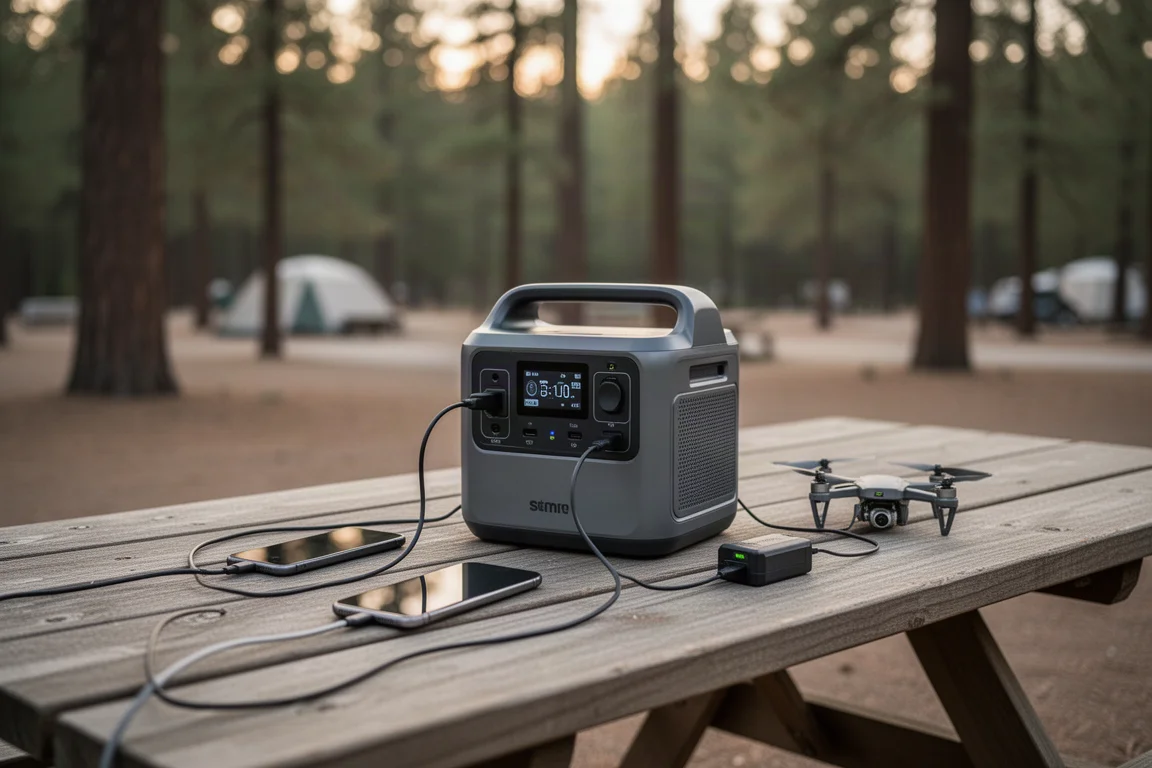 Portable power station charging on a picnic table at a campsite with phones plugged in