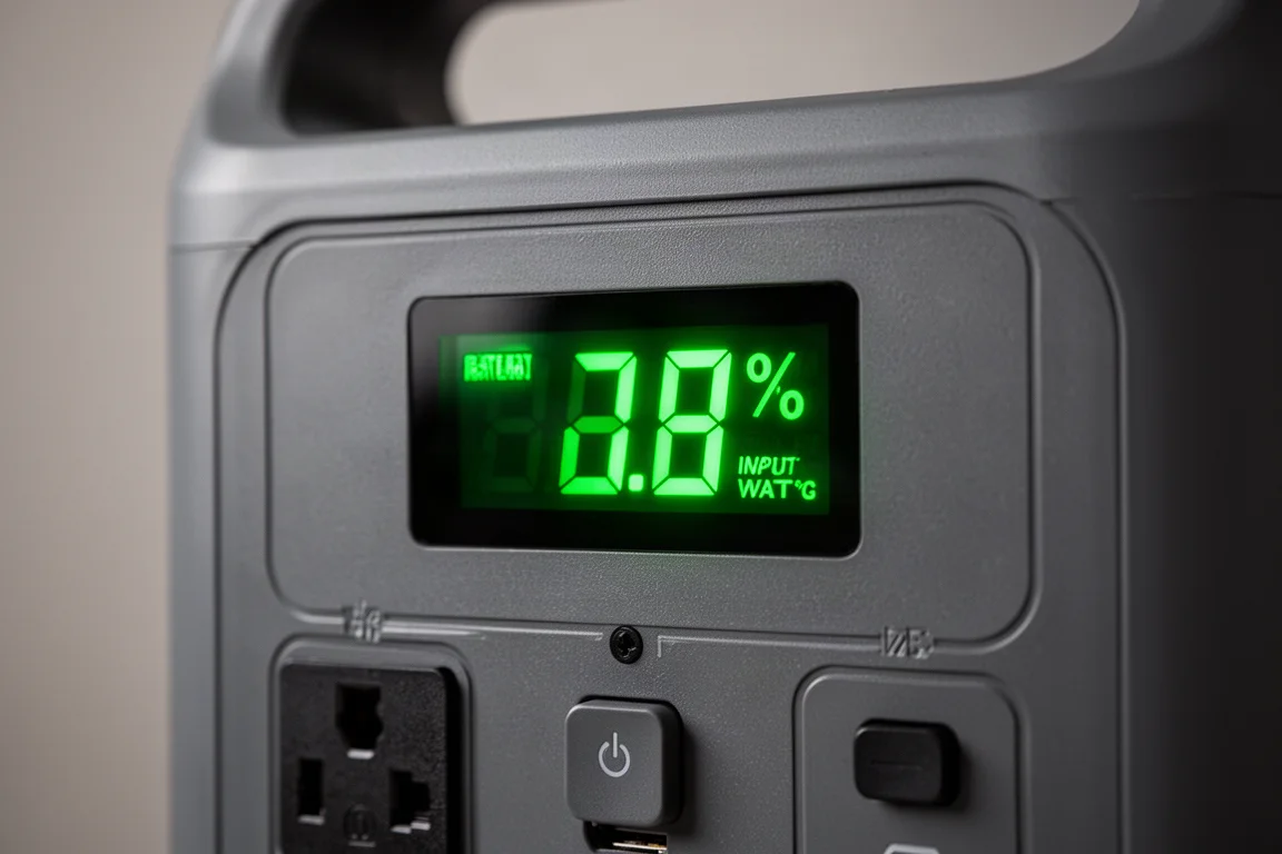 Close-up of a portable power station's illuminated LCD display showing charge status