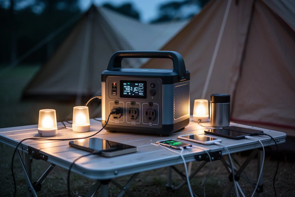 Portable power station powering small campsite devices at dusk