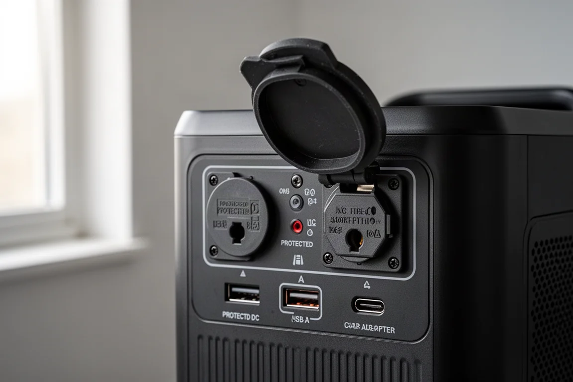 Portable power station with covered DC output ports in soft indoor light