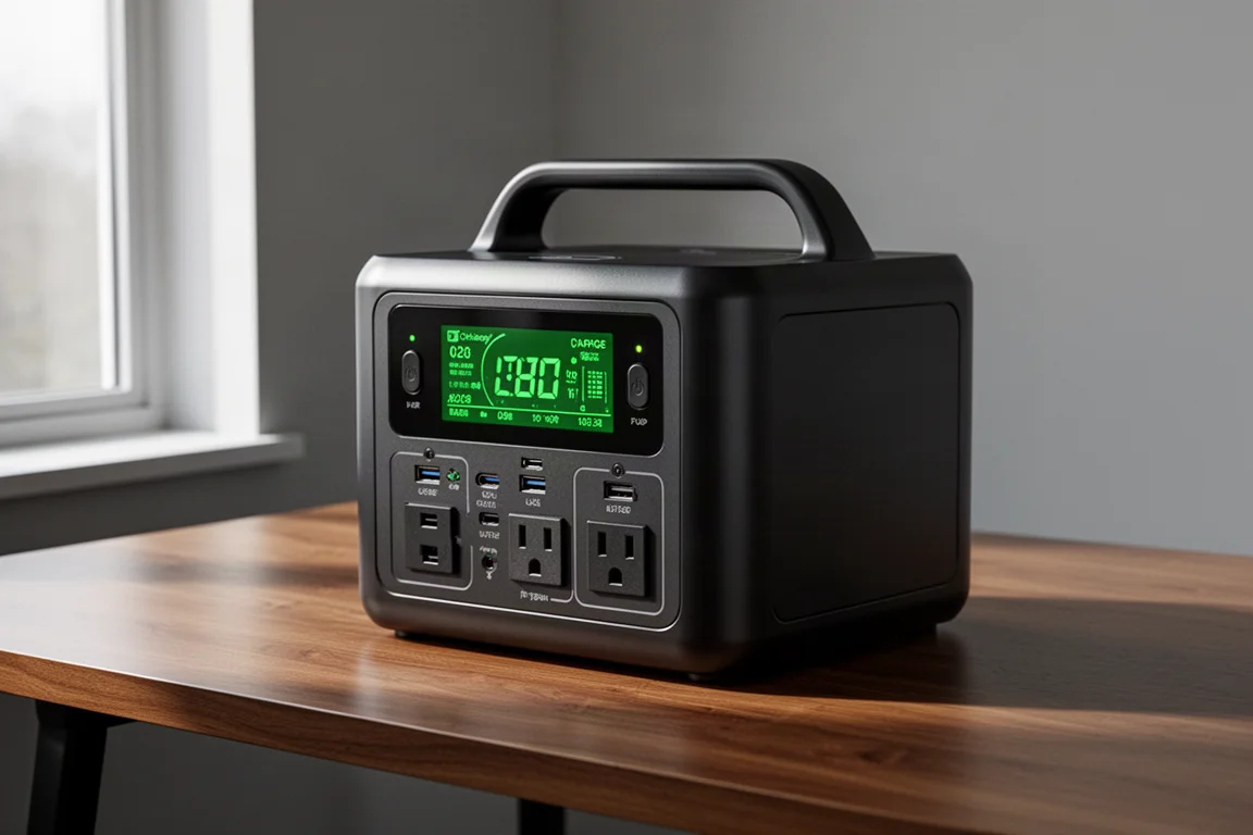 Evron 600W portable power station with green LCD display on a wood desk