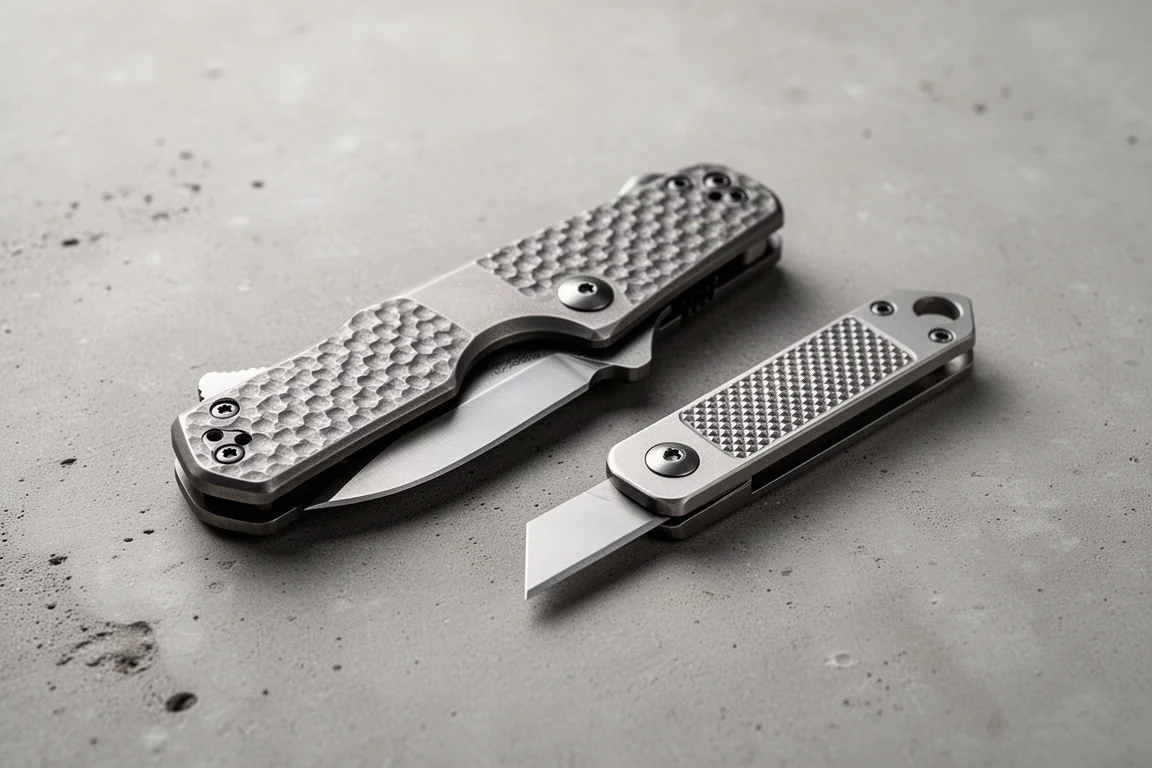 Exceed Designs A Klappmesser und Tyrant Razor Gen 3 Utility-Messer nebeneinander auf Beton