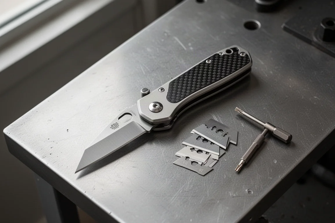Kompakt fällbar brickkniv öppnad på en arbetsbänk bredvid reservblad