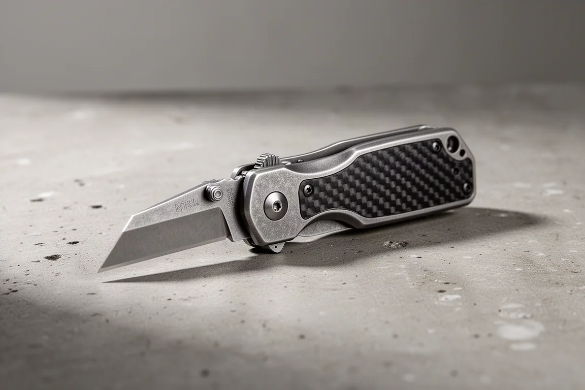 Compact titanium folding utility knife with carbon fiber scales, open with blade exposed