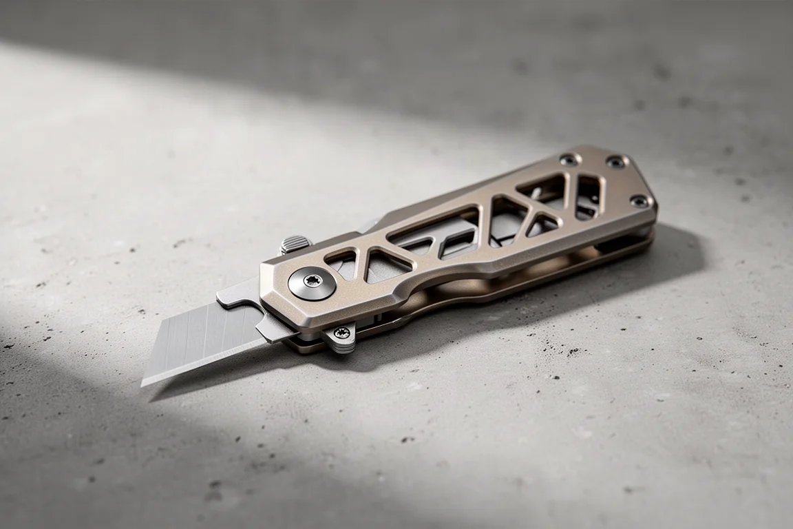 Titan-Klappmesser mit ausgeschnittener Griffschale auf einer Betonoberfläche