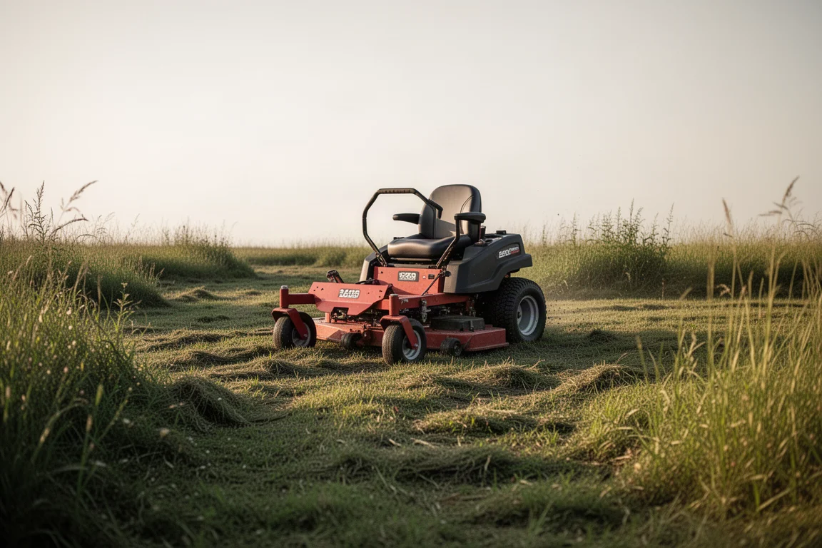 Zero-turn-maaier aan het werk op ruw, ononderhouden gras