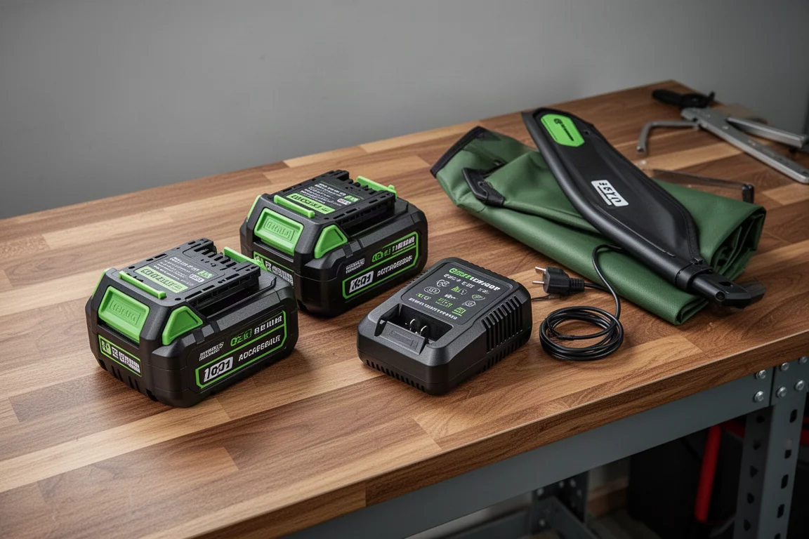 Twee accupacks en een snellader op een werkbank in de garage