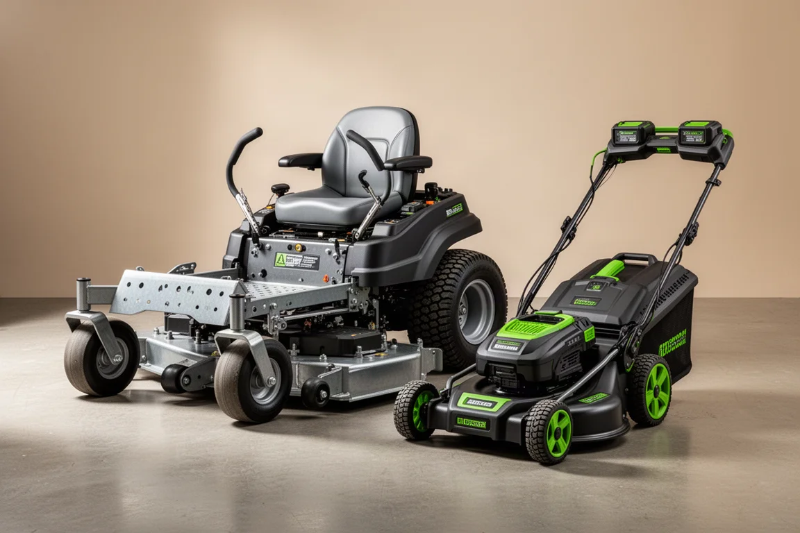 Zero-turn riding mower and cordless walk-behind mower side by side on concrete