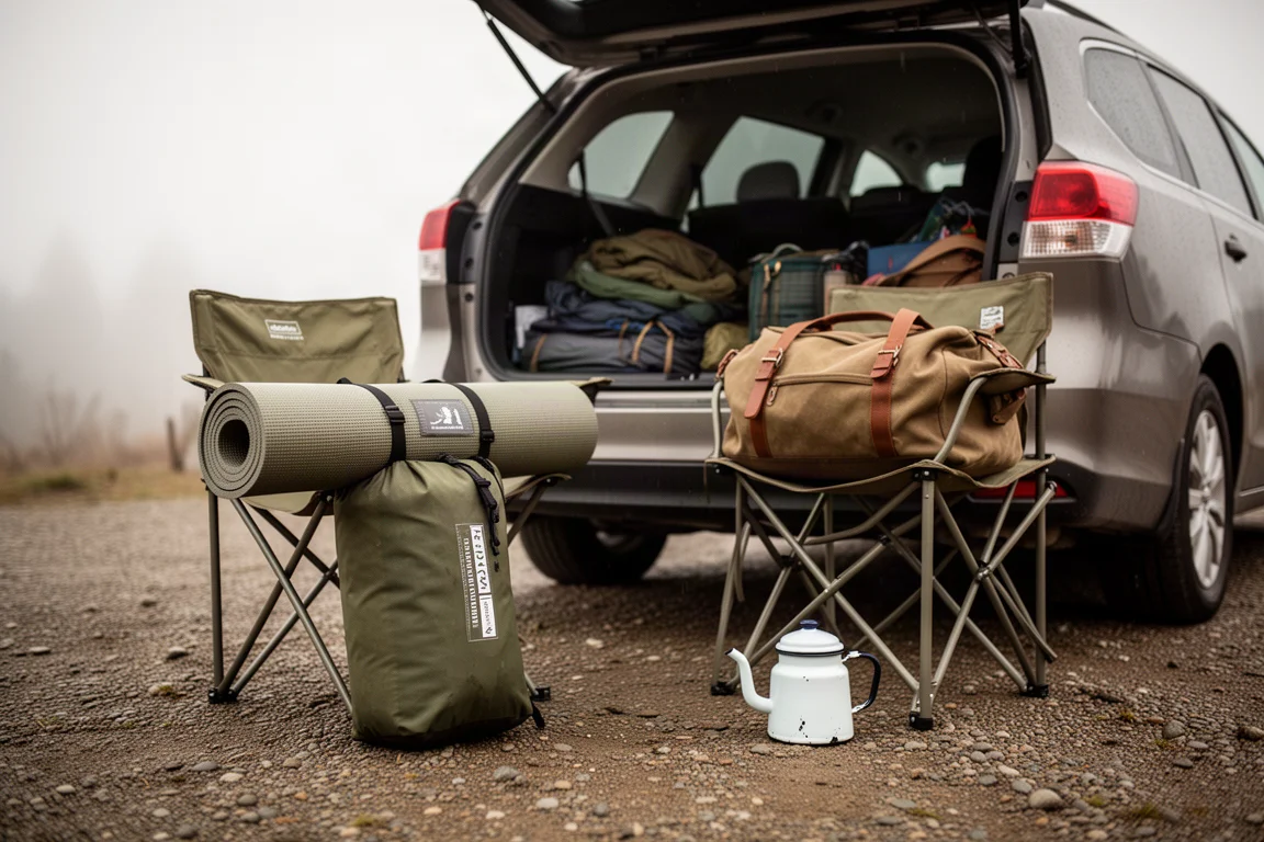Gepackter Rolltop-Packsack mit Campingausrüstung im Kofferraum eines Autos auf Kies am Campingplatz