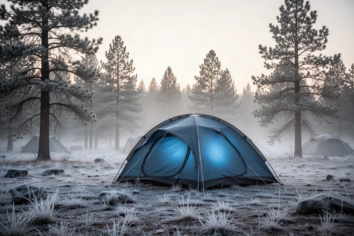 Raureifbedeckter Campingplatz im Morgengrauen mit Kuppelzelt zwischen Kiefern und tiefem Nebel