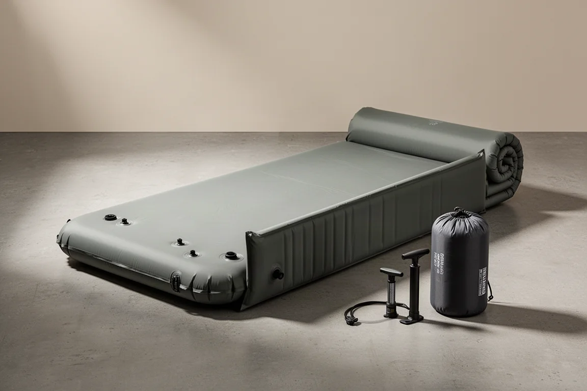 Two-person self-inflating sleeping pad with mini-pump and roll-top stuff sack on concrete