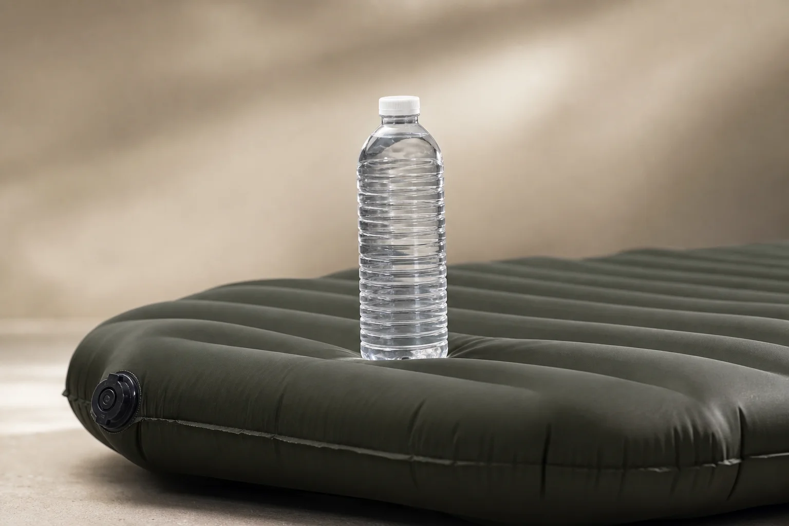 A water bottle balanced on an inflated camping mattress during a stability test