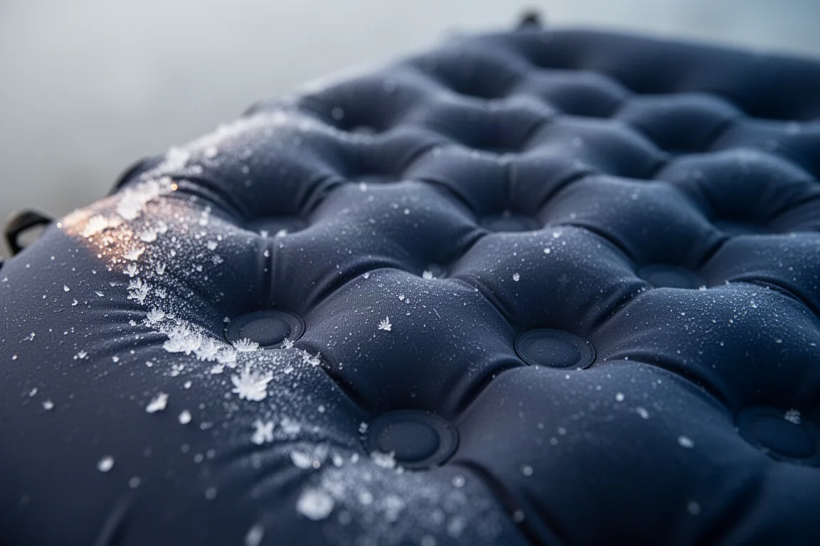 Nahaufnahme des genoppten Isomattenstoffs mit Eiskristallen entlang einer Kante
