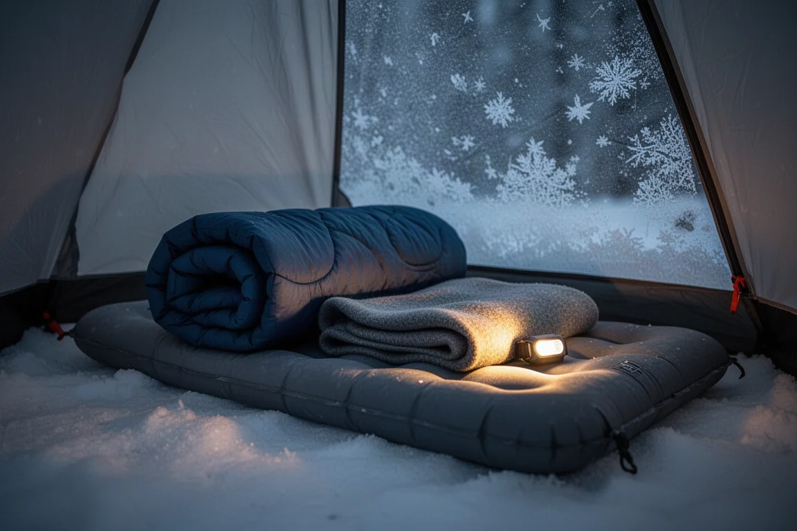 Innenraum eines Winterzelts bei Nacht mit aufgeblasener Matte, Quilt und warmem Stirnlampenlicht