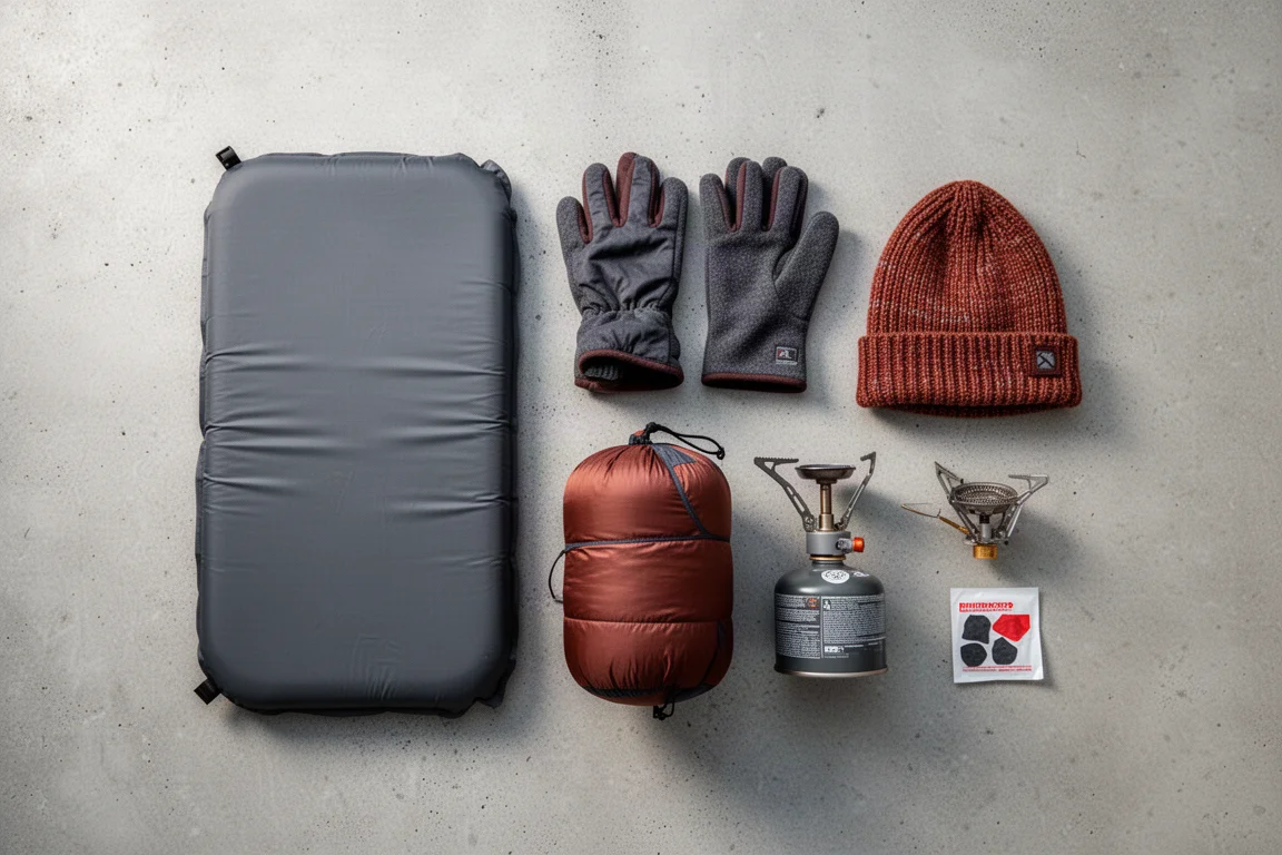 Draufsicht auf flach ausgelegte Winter-Campingausrüstung auf glattem Betonboden