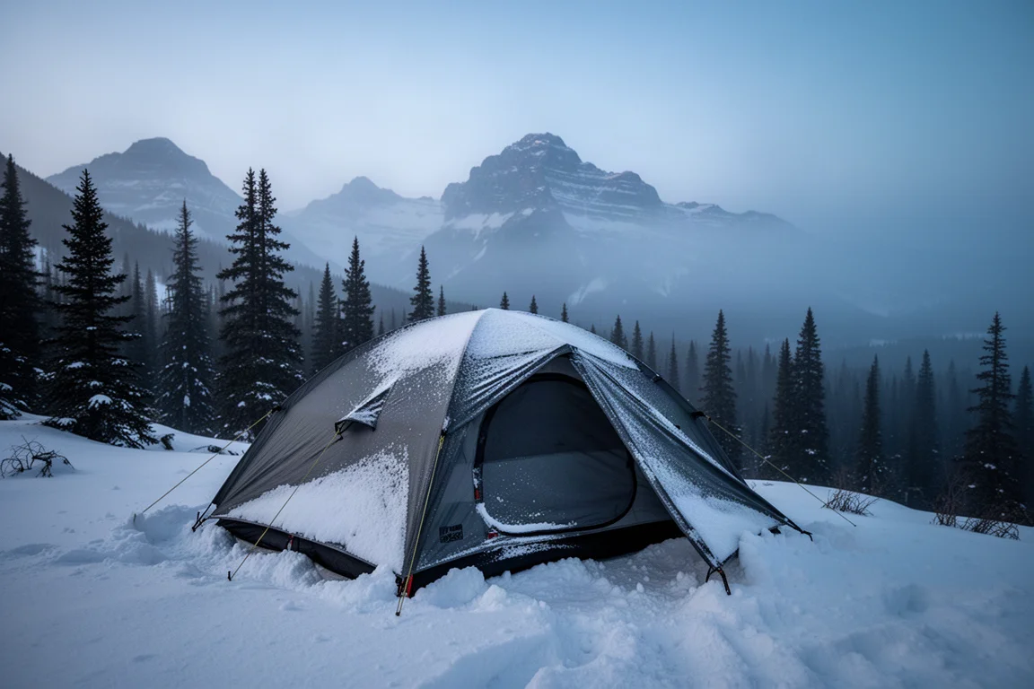 Tente quatre saisons couverte de neige sur une crête dans les Rocheuses canadiennes à l'heure bleue