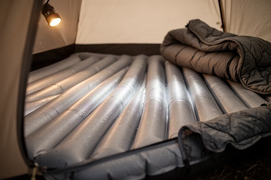 Gros plan d'une surface de matelas de couchage gonflé avec cloisons verticales dans une tente