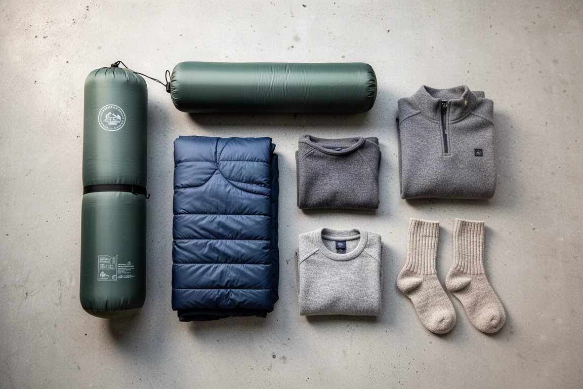 Vue à plat du système de couchage pour camping hivernal sur une surface en béton