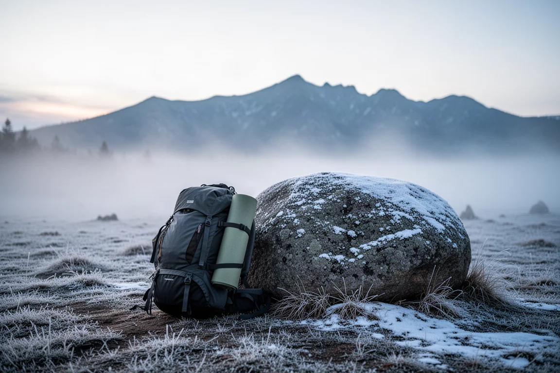 Campement par temps froid à l'aube avec gel, brume et sac à dos chargé