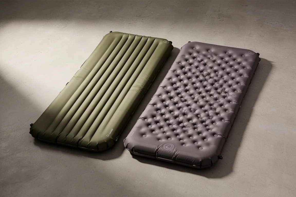 Two inflated rectangular winter sleeping pads side by side on a concrete floor
