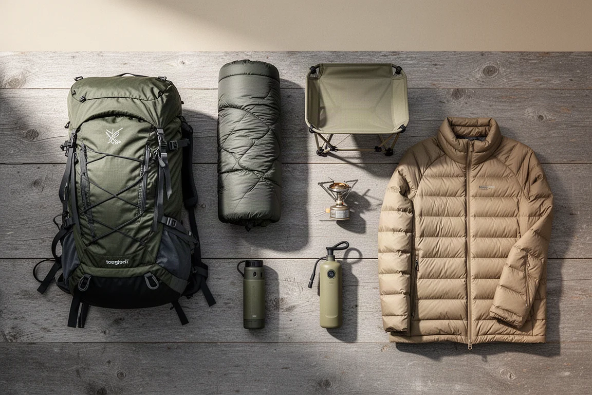Overhead flat lay of ultralight backpacking gear on weathered grey wood