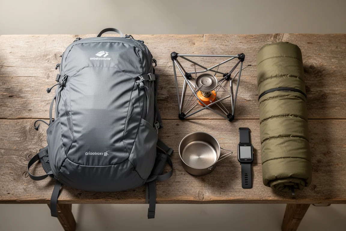 Flat-lay of ultralight backpacking gear including a backpack, camp chair, stove, quilt, and GPS watch on wood