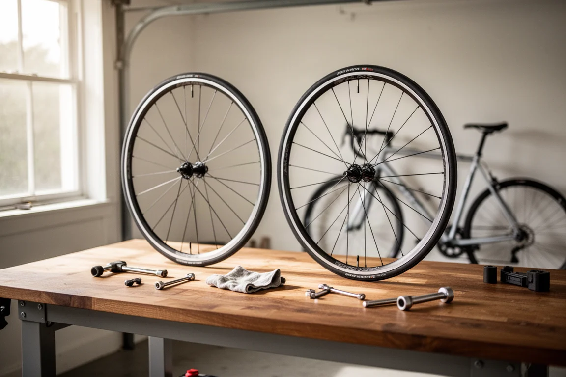 Tidy home workshop bench with a road bike wheel, tools and parts laid out