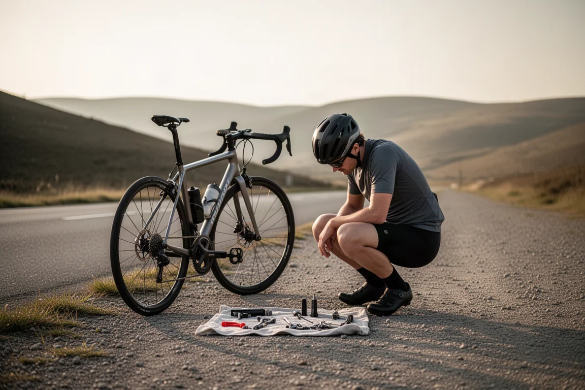 Cyclist crouched beside a bike on a gravel verge with tools laid on a cloth