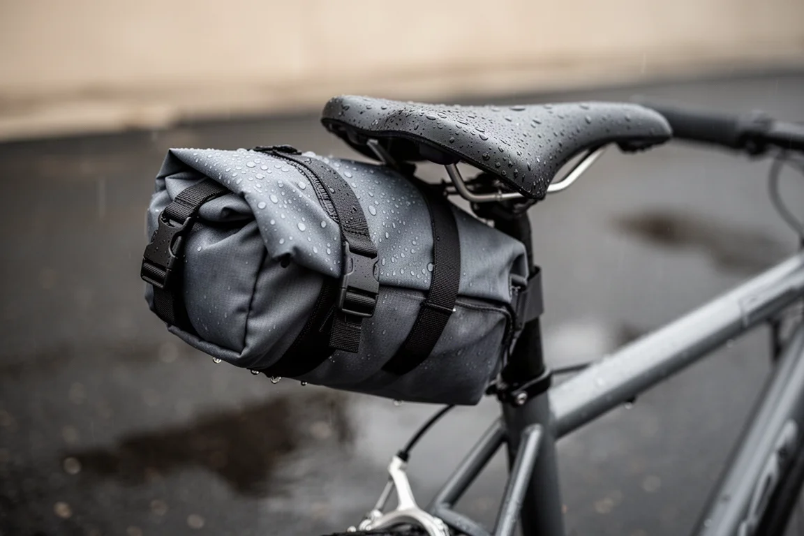 Compact saddle bag mounted under a bike saddle with rain droplets on the surface