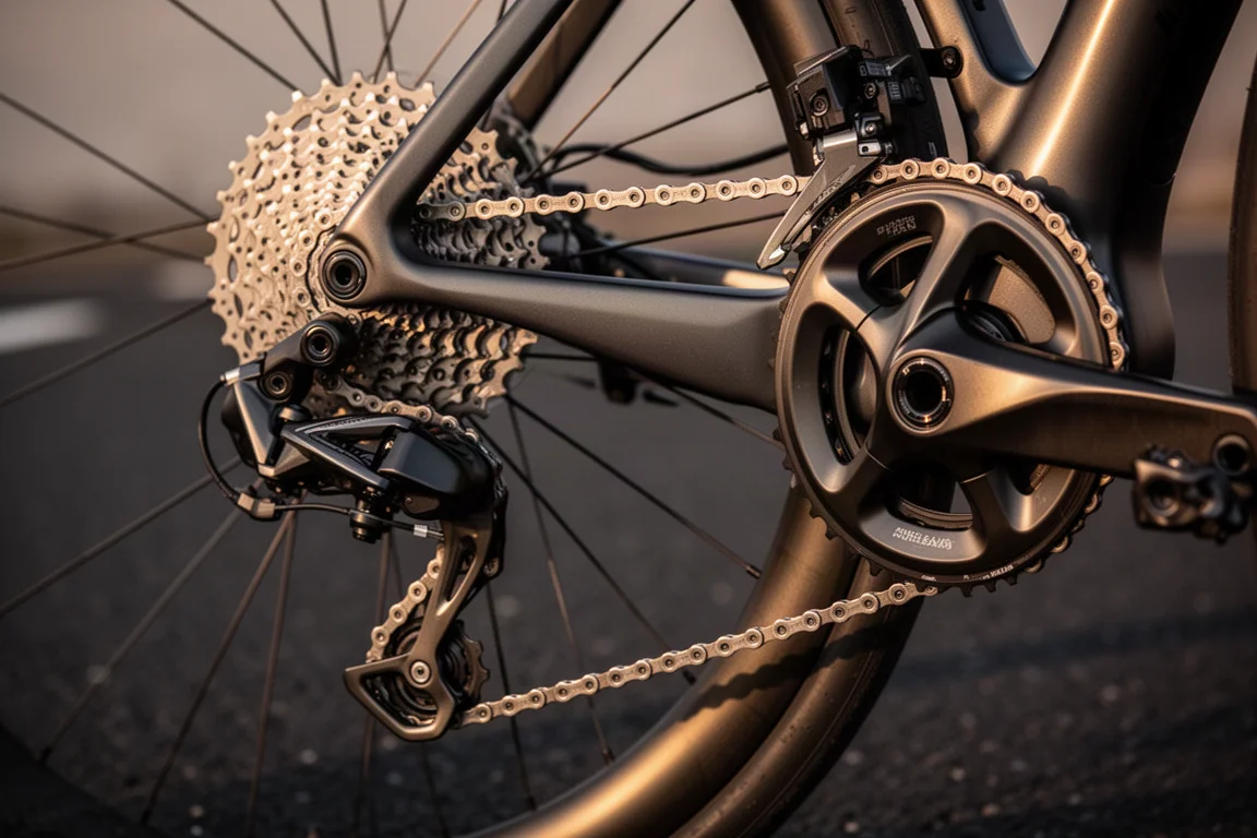 Close-up of an electronic road bike drivetrain on dark asphalt at golden hour