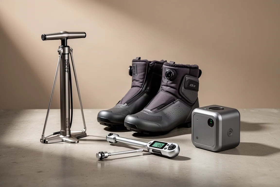 Premium cycling equipment including a frame pump, winter boots, torque wrench, and mini pump