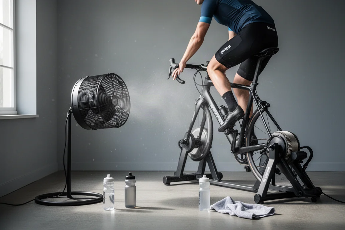 Indoor cyclist training on a turbo trainer with a large floor fan blowing air