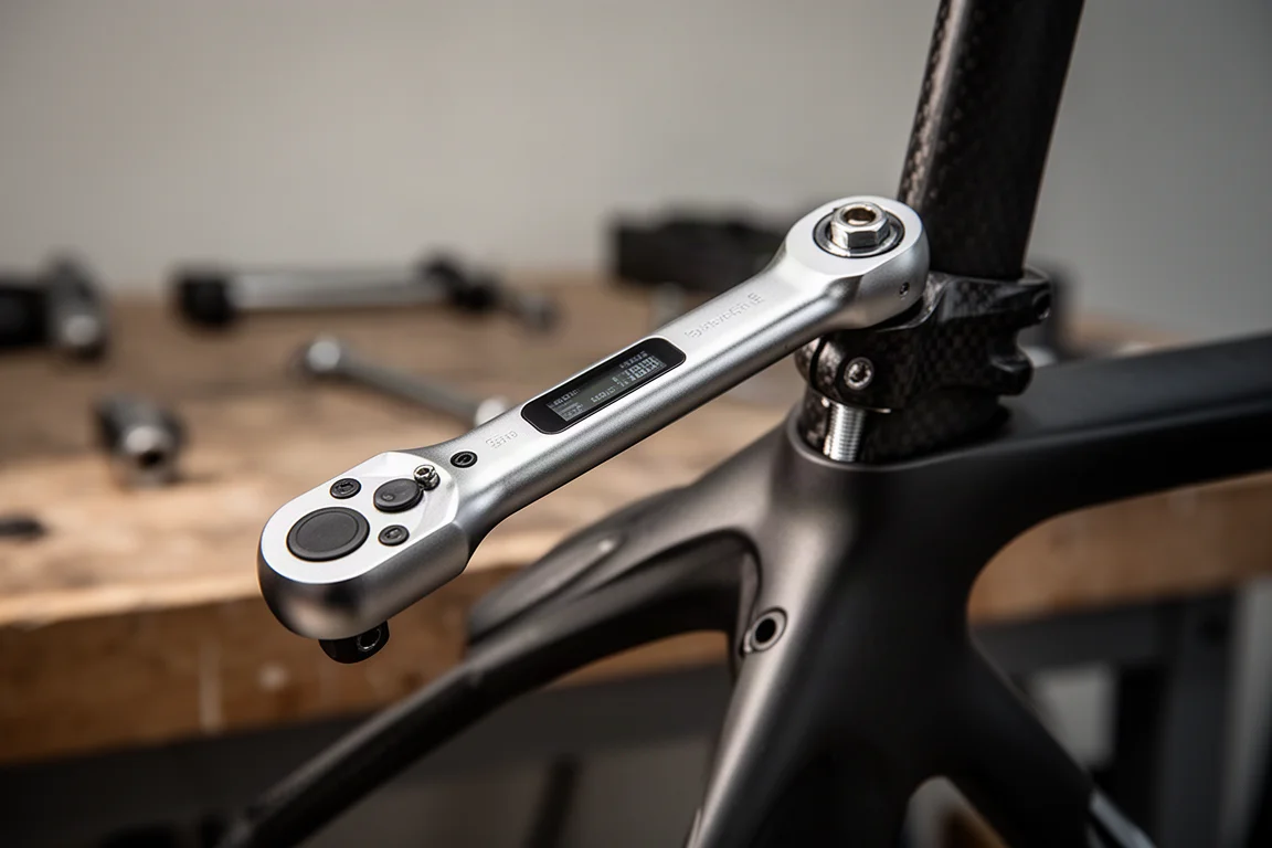 Close-up of a digital torque wrench tightening a bolt on a carbon bicycle stem