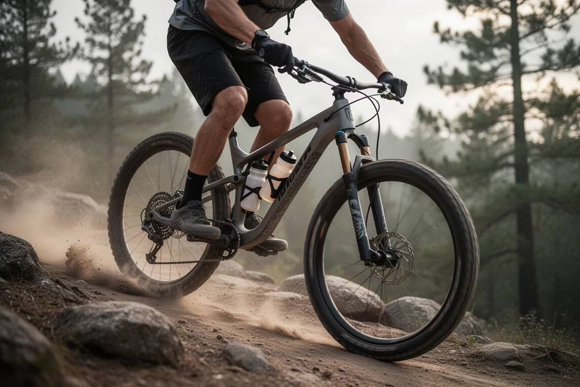 Mountain biker riding rough trail with bottles held in magnetic mounts