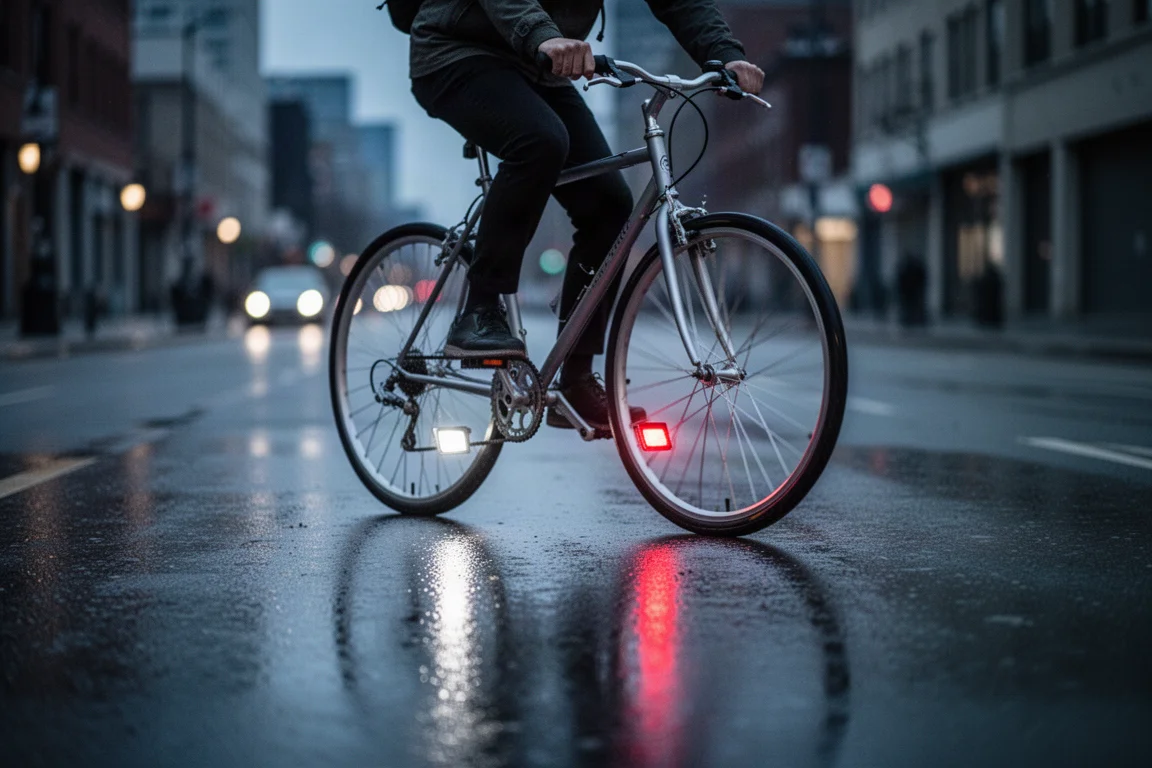 City street at dusk with a rider on a flat pedal bike, pedal lights glowing