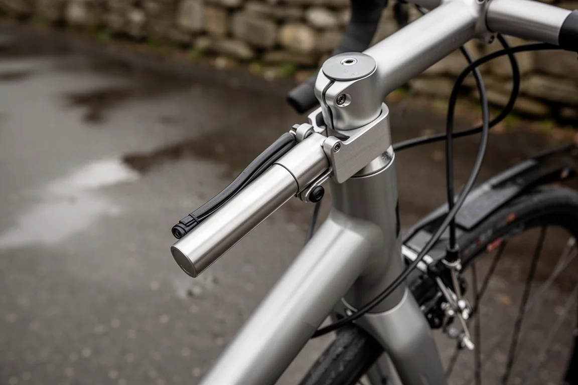 Pompa da telaio in metallo sottile montata sotto il tubo orizzontale di una bici da strada