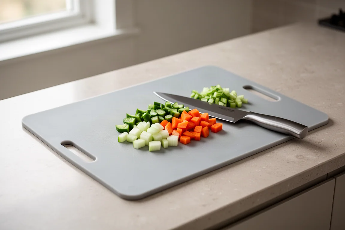 Tabla de cortar grande de goma con verduras picadas y un cuchillo de chef sobre la encimera de la cocina