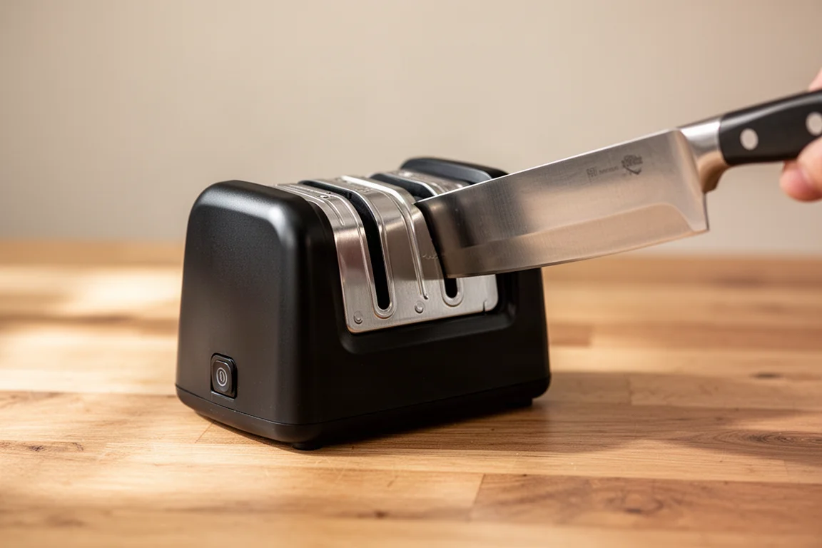 Afilador eléctrico de cuchillos en uso sobre la encimera de la cocina con un cuchillo de chef