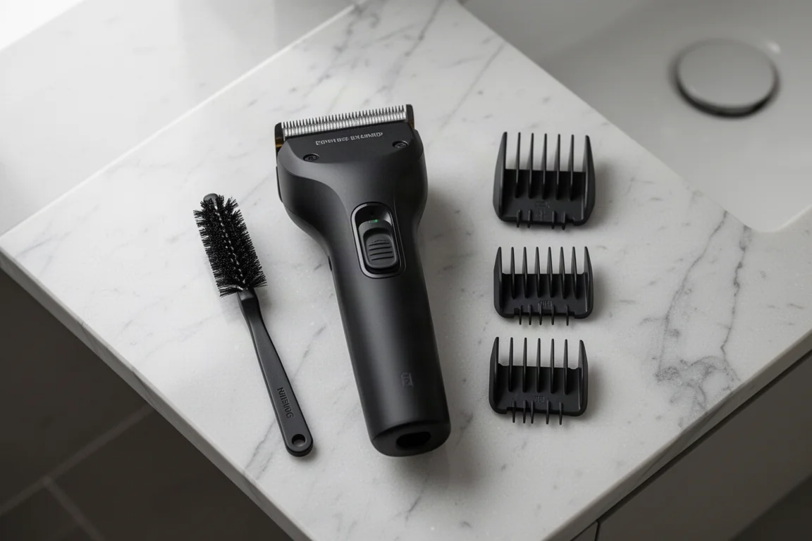 Cortapelos inalámbrico y herramientas de barbero ordenados sobre el mostrador de un baño