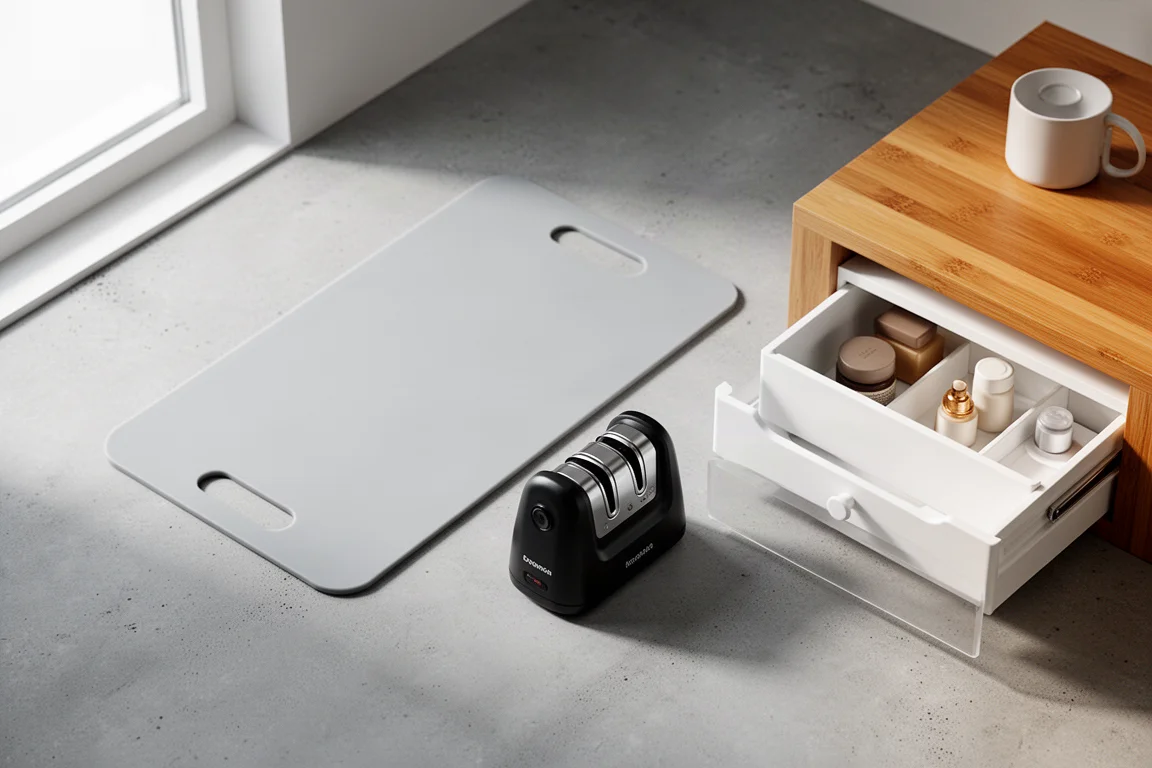 Flat-lay of a rubber cutting board, electric knife sharpener, and shallow drawer unit on concrete