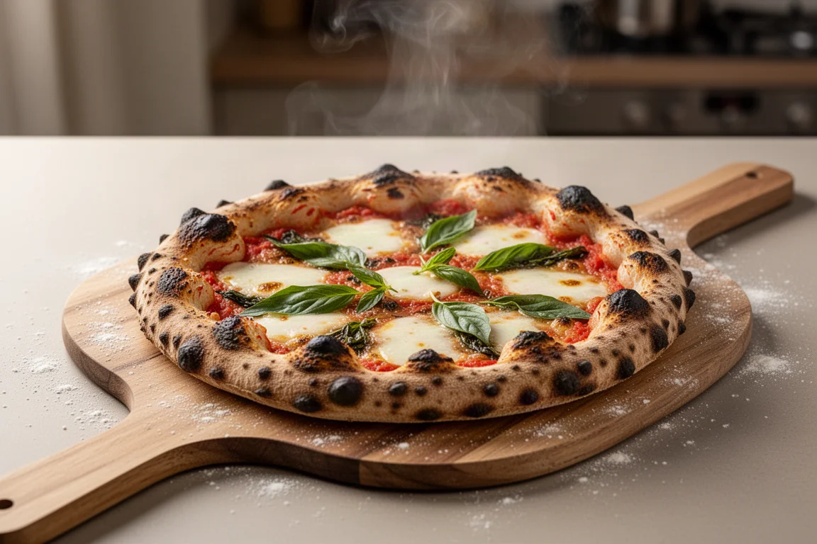 Färskgräddad pizza med Grillad-karboniserad kant på en pizzaovensskyffel på bänk